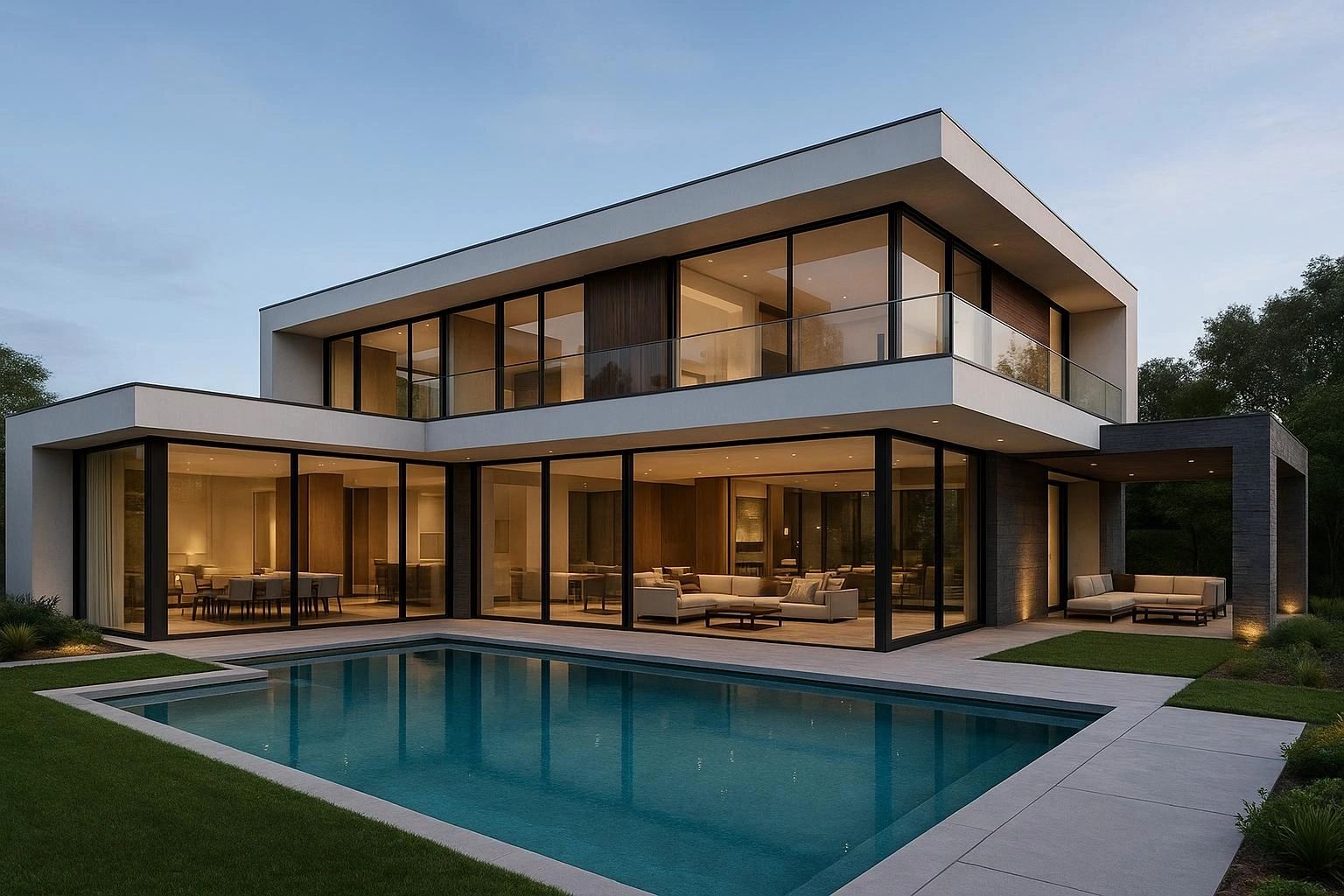Luxury modern two-story villa with pool at dusk