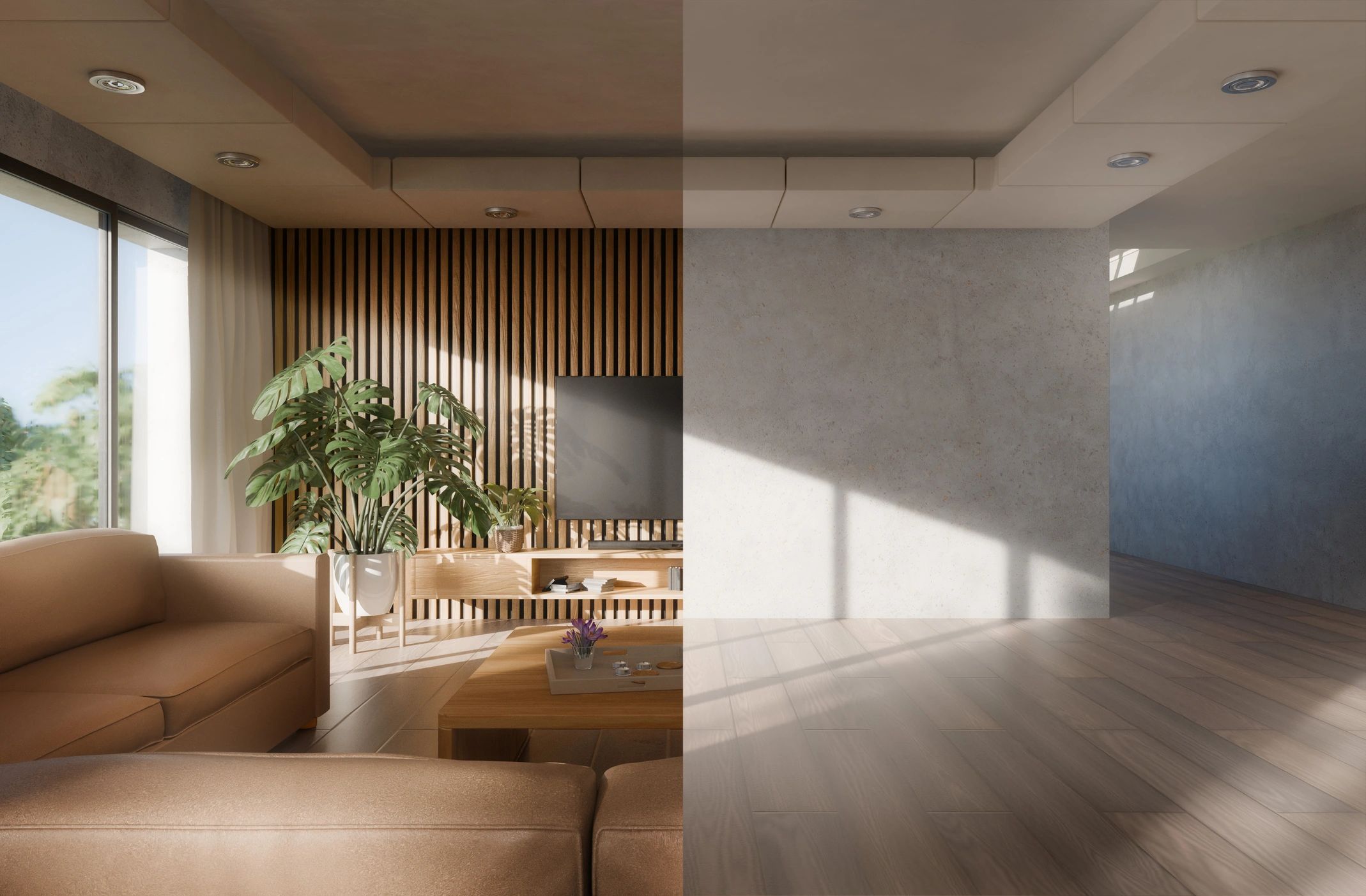Modern minimalist interior space with warm earthy tones and large windows
